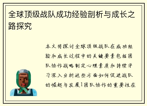全球顶级战队成功经验剖析与成长之路探究